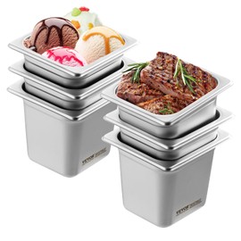VEVOR 6 Pack Hotel Pans, 1/6 Size Anti-Jam Steam Pan, 0.8mm Thick Stainless Steel Restaurant Steam Table Pan, 6-Inch Deep Commercial Table Pan, Catering Storage Food Pan, for Industrial & Scientific