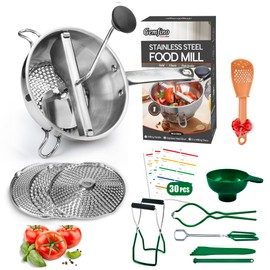 Food Mill Stainless Steel With 3 Grinding Discs and Complete Canning Supplies Starter Kit of 8-Includes Tongs, Jar Lifter, Wrench, Lid Lifter, measurer,Funnel,Labels,Multifunctional Spoon(BX-OG-GR)