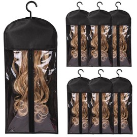 Uiohfiy 6PCS Hair Extension Holder Wig Bags Storage with Hanger Wig Storage for Multiple Wigs Holder,Easy to Carry Home Hair Salon Travel Available (Black)