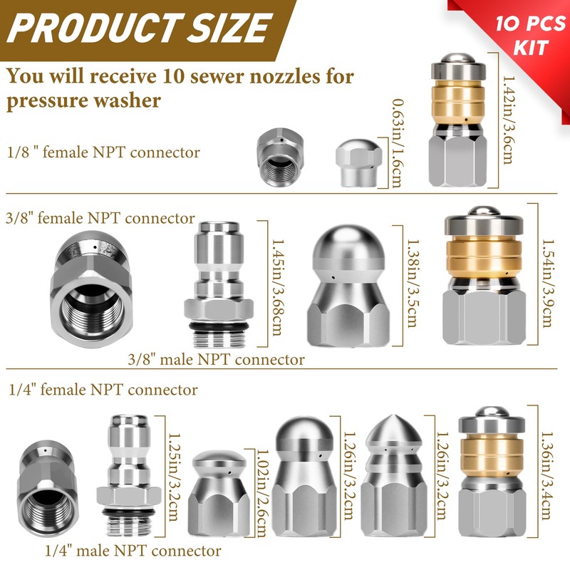 10pcs Sewer Jetter Nozzle Kit Stainless Steel Jetter Heads Kit