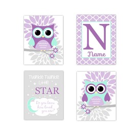 Purple Baby Girl Nursery Wall Art Owl Mint Twinkle Little Star Nursery Decor Baby Nursery Decor Personalize Name SET OF 4 UNFRAMED PRINTS