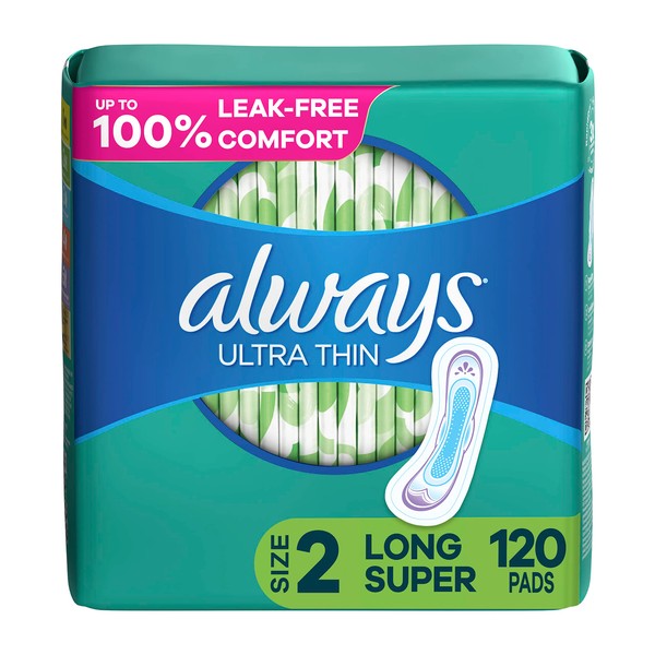 Always Ultra Thin, Feminine Pads For Women, Size 2 Long Super Absorbency, Multipack, Without Wings, Unscented, 40 Count (Pack of 3) - 120 Count Total