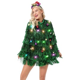 LED Ugly Christmas Sweater for Women, Unisex Men Xmas Pullover with Light for Party FestiveSmallTinsel Tassel Takeover