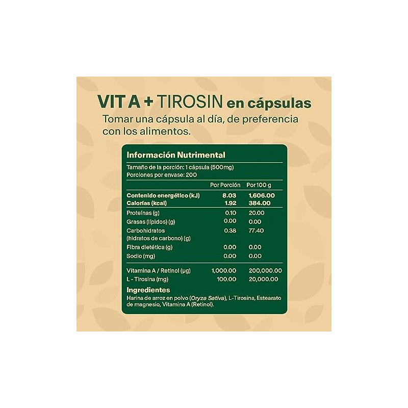 Vitamina Retinol Tirosina 200 Capsulas 500mg Más Meses Vitalbotanics Suplemento