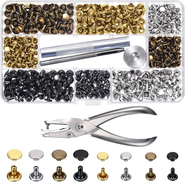 240 Set Leather Rivets Double Cap Rivet Tubular Metal Studs 2 Sizes with Punch Pliers and 3 Pieces Setting Tool Kit for Leather Craft Repairs Decoration, 4 Colors
