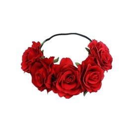 Lofruiin Women's Bohemian Stretch Rose Flower Headband Floral Crown Simulated Rose Flower Headband for Travel Party Festivals (Dark Red, Free)