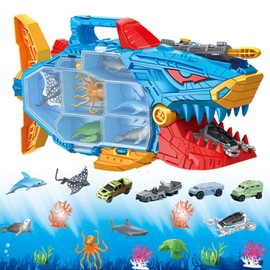 Frontoytall Shark Toy, Deep Sea Creatures Toy Ocean Animals Toys with Truck Toys Cars, Gifts for 3 Plus Year Old Girls and Boys, 18pcs Toys Set for Kids