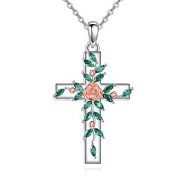 YFN Cross Necklace Sterling Silver Rose Cross Pendant Necklace CZ Cross Jewelry for Women Christian Gifts, normal, Sterling Silver, No Gemstone