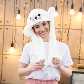 Plush Animal Ear Moving Jumping Hats Movable Dancing Ear Flap Hat Earflaps Movable Fluffy Cap(Sea lion, White)