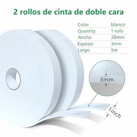 2 Rollos Cinta Adhesiva de Doble Cara de Espuma,20mmx5m(Total 10m),Polietileno Extrafuerte,Impermeable y Resistente a Golpes,Cinta Adhesiva Fuerte de 