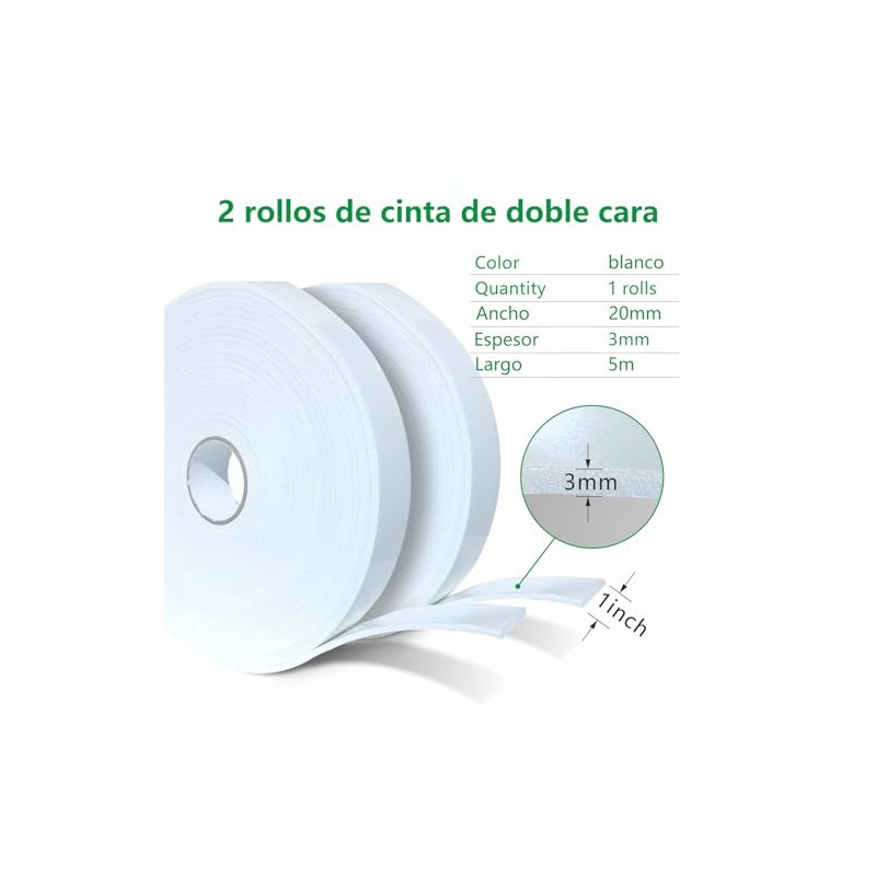 2 Rollos Cinta Adhesiva de Doble Cara de Espuma,20mmx5m(Total 10m),Polietileno