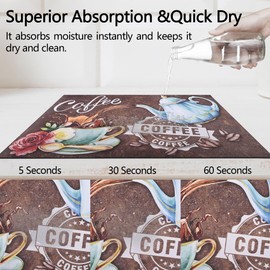Coffee Themed Dish Drying Mat For Kitchen Counter 24 "X16" Absorbent Non-Slip Rubber Backed, Quick Dry Silicone Pad For Coffee Machine Dish Rack