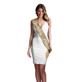 Gold Birthday Sash - Premium GRADE SATIN Flourish Birthday Princess Sash - Birthday Party Decorations & Supplies - Gold Sash(Bdy Prnc Wt) GLD
