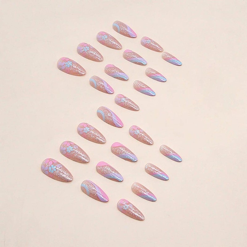 RikView Pink Press on Nails Medium Fake Nails with Flowers