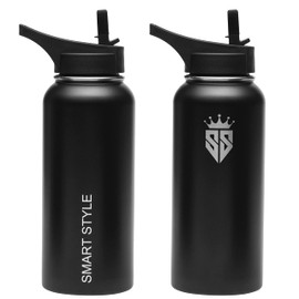 SMART STYLE Water Bottle Stainless Steel 32 oz with Straw Lid Double Wall Insulated Water Bottle Leak Proof 100% BPA Free Wide Mouth Sports Water Bottle Flask for Gym, Hiking, Travel