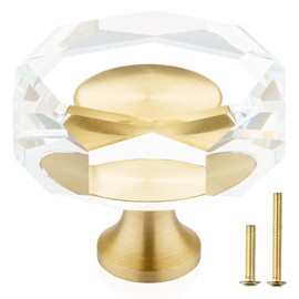 QOGRISUN 5-Pack Brass Crystal Cabinet Knobs,Glass Crystal Gold Drawer Knobs,1-1/4-Inch Polygon,Decorative Dresser Pulls, Modern Cabinet Hardware