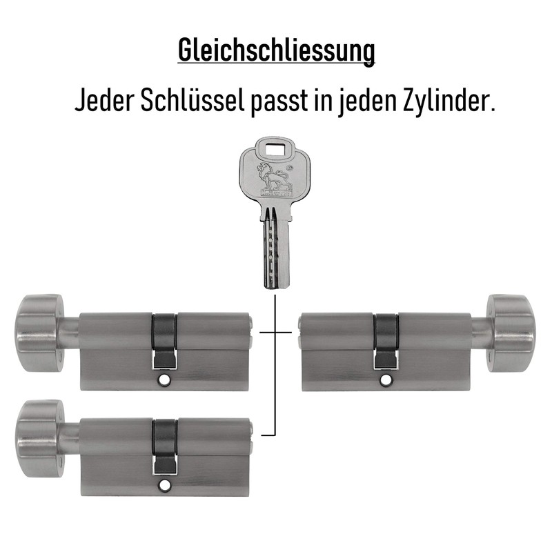 3x Knob Cylinder KD 60 mm 30/30 Keyed Alike Including