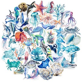 GEEHUA 50Pcs Ocean Animals Stickers, Waterproof Adhesive Fish Decals Undersea Marine Life Stickers Ocean Stickers for Kids for Birthday Party Scrapbook Skateboard Phone Laptop