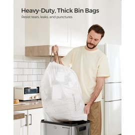 SONGMICS Trash Bags for 12-14.5 Gallon (45-55L) Trash Cans, 120 Count Drawstring Kitchen Garbage Bags, Pre-Separated, Liner Code 055A01, 3 Rolls,White UKRB055A03