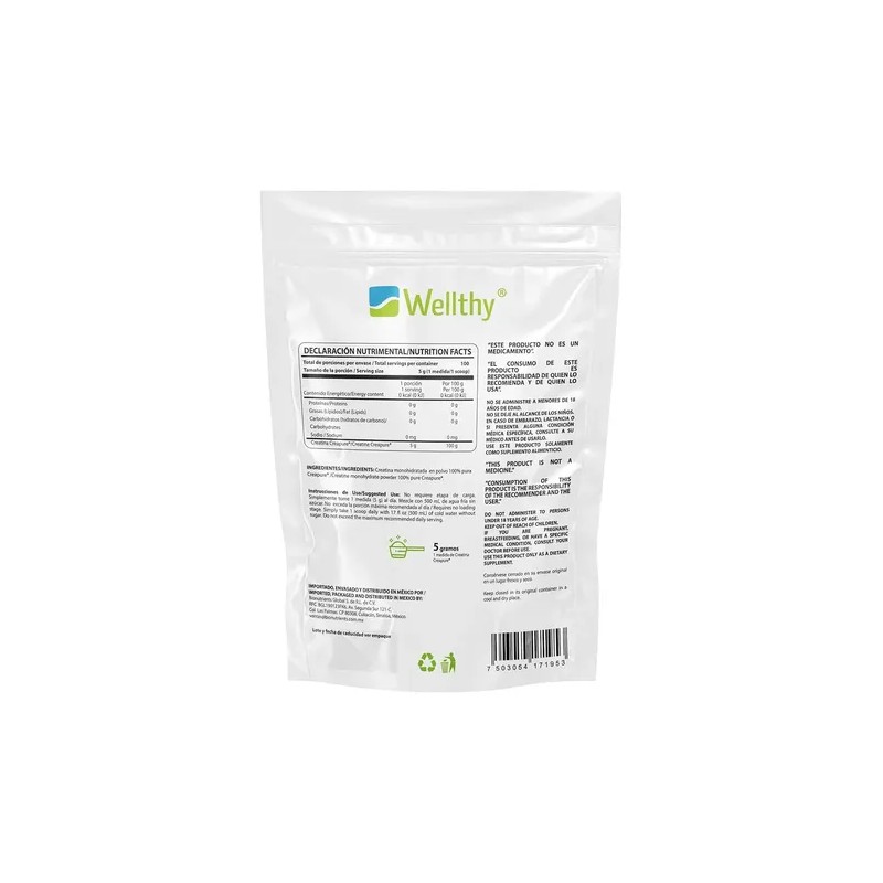 Wellthy Creatina Monohidratada Creapure 750g. 100 Pura Sabor Sin Sabor