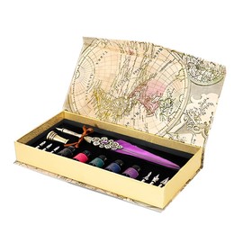 Quill Pen and Ink Set with Feather Calligraphy Pen, 5 Bottled Ink, 6 Replaceable Dip Pen for Writing, Writing Letters, Diary, Signing, Invitation Etc(Purple)