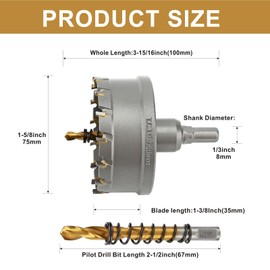 REETAI-FOUR 2-15/16'' TCT Hole Saw Kit Tungsten Carbide Tipped Hole Saw Drill Bit with Titanium-Plated Pilot Drill bit for Metal, Stainless Steel, Iron (75MM)