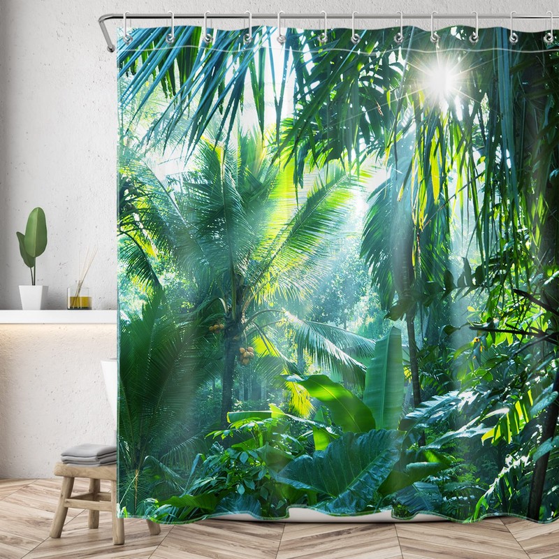 LB Shower Curtain Jungle, Green Bath Curtain with 12 Hooks,