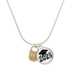 Delight Jewelry Goldtone Hammered Lock with Heart Crystals Script Class of 2025 Dome Charm Necklace, 18"