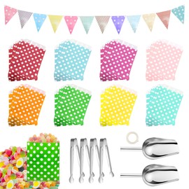 FIHODONE 87 PCS Candy Bar Accessories Colorful,Contains 80 Sweet Bags,4 Sweet Tongs,2 Candy Bar Scoops and 1 Bar Banner for Celebrate,Candy Bar Decorations for Birthday,Party Bags for Wedding