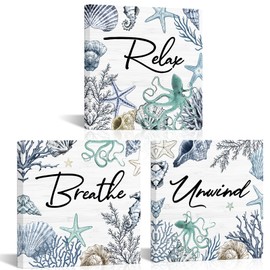 LoveHouse Coastal Beach Wall Art Bathroom Decor Relax Breathe Unwind Canvas Prints Nautical Seashells Starfish Pictures for Bathroom Bedroom