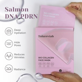 Tolureviah Salmon DNA PDRN Bio Collagen Sheet Mask – Hydrating & Brightening Face Mask with Niacinamide & Hyaluronic Acid for Radiant Glass Skin Glow, 34g Essence, 4 Pack