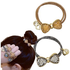 Wenlly 2 pieces fashion bow crystal rhinestone hair ties, elastic hair bands, ponytail holders for women girl hair accessorie