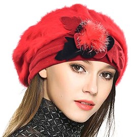 VECRY Lady French Beret 100% Wool Beret Floral Dress Beanie Winter Hat (Angola-Red)