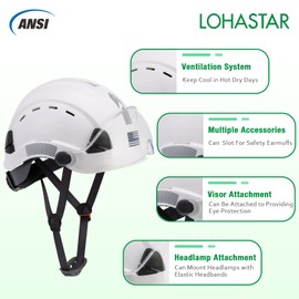 Hard Hats Construction Safety Helmet, LOHASTAR Adjustable Vented Work Helmet ANSI Z89.1 Approved OSHA Hard Hat with Chin Strap for Industrial Construction(A3 White Clear Visor)