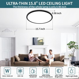Glowall 15.4 Inch Led Ceiling Light Fixtures, Dimmable with Remote Control, 36W, 4500LM, Ultra Thin Modern Flush Mount Ceiling Lights for Bedroom Living Room Kitchen Dining Room