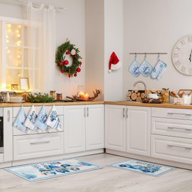 Fanfanwin 10 Pcs Christmas Winter Oven Mitts Pot Holders Kitchen Rug and Towel Set Wonderland Absorbent Kitchen Towels for Baking Cooking BBQ Gifts Kitchen Decor