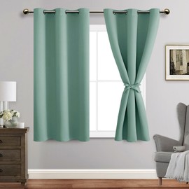 JIUZHEN Blackout Curtains with Tiebacks for Bedroom, Light Blocking and Noise Reducing Grommet Window Curtains for Living Room, Set of 2 Panels, 38 x 54 Inch Length, Light Sage