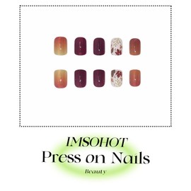 IMSOHOT Fall Press on Nails Short Square Fake Nails Brown Cat's Eye & Maple Leaf Designs Glossy Acrylic False Nails Full Cover Artificial Acrylic Glue on Nails for Women DIY Manicure