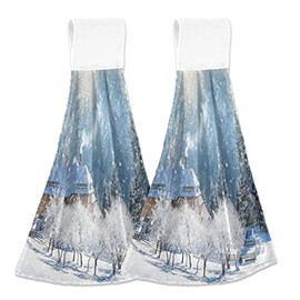 FFYHO Winter Rural Village Hanging Kitchen Towel with Loop 2 Pack Beautiful Snowy Time Hand Towels Soft Microfiber Coral Velvet Tie Towel Decor for Bathroom Oven Absorbent Washcloth