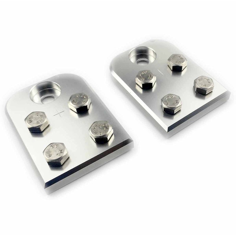 A pair of 4-point flat lug battery terminal blocks, using