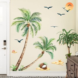 Tropical Palm Tree Wall Decals Peel and Stick Green Palm Leaves Summer Beach Wall Art Stickers for Living Room Bedroom TV Sofa Background Decor
