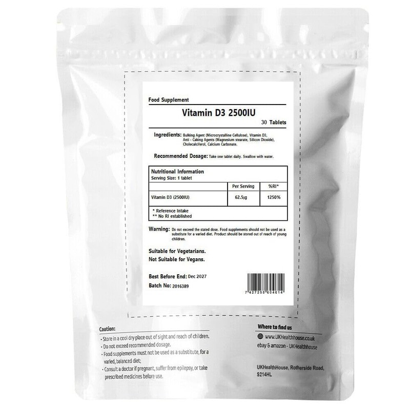 UKHealthHouse Vitamin D3 2500IU Tablets High Strength Immune and Bone