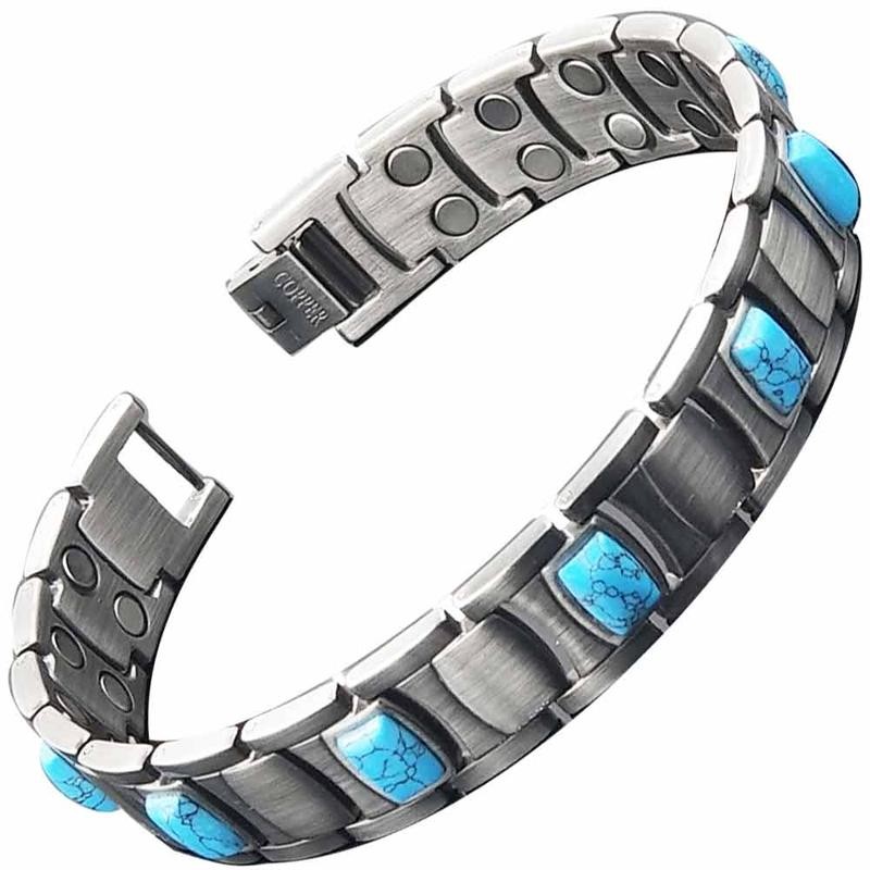Turquoise Copper Magnetic Bracelet Vtg Silver Finish Mens - Color: