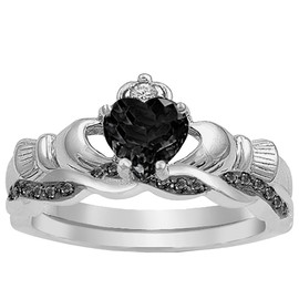 LaRaso & Co His and Hers 3 Piece Trio Sterling Silver Black Celtic Claddagh Irish Wedding Band Engagement Ring Set 9/8