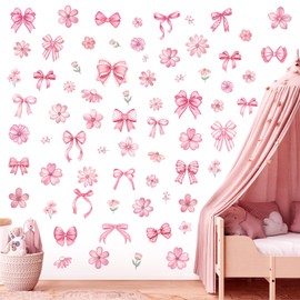 decalmile Pink Flower Bow Wall Stickers Watercolor Bow Knot Wall Decals Baby Nursery Bedroom Girls Room Wall Decor