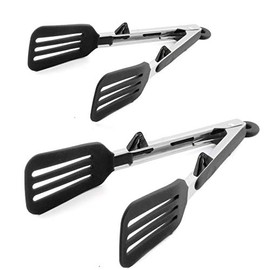 STARUBY Kitchen Tongs 9 inches and 12 inches Fish Spatula Stainless Steel Locking with Silicone Tips Cooking Salad Buffet BBQ Serving Tongs Heat Resistant Meat Turner Spatula Tongs, Black