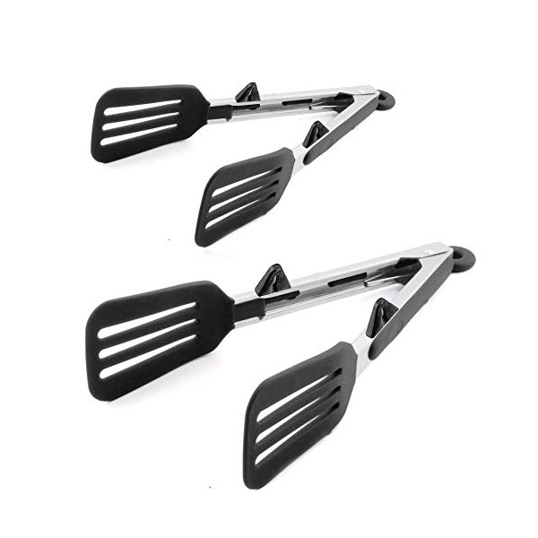 STARUBY Kitchen Tongs 9 inches and 12 inches Fish Spatula Stainless Steel Locking with Silicone Tips Cooking Salad Buffet BBQ Serving Tongs Heat Resistant Meat Turner Spatula Tongs, Black