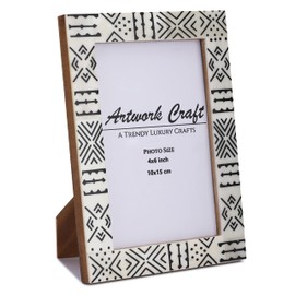 Artwork Craft Handmade White Bone Photo Frame Geometric Black Painting Vintage Boho Picture Frames For Table-Top/Wall Decor (4x6 Inches, Aztec Black)