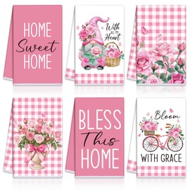 VitalCozy 6 Pcs Lavender Summer Kitchen Towel Set Funny Housewife Farmhouse Rustic Bath Hand Towel for Holiday Bathroom Gift, 24 x 16 Inches(Pink,Rose)