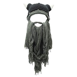 Xinqiao Men’s Viking w/Fake Beard Beanie Handmade Knit Funny Hats Pillager Horned Caps (Gray Beard)
